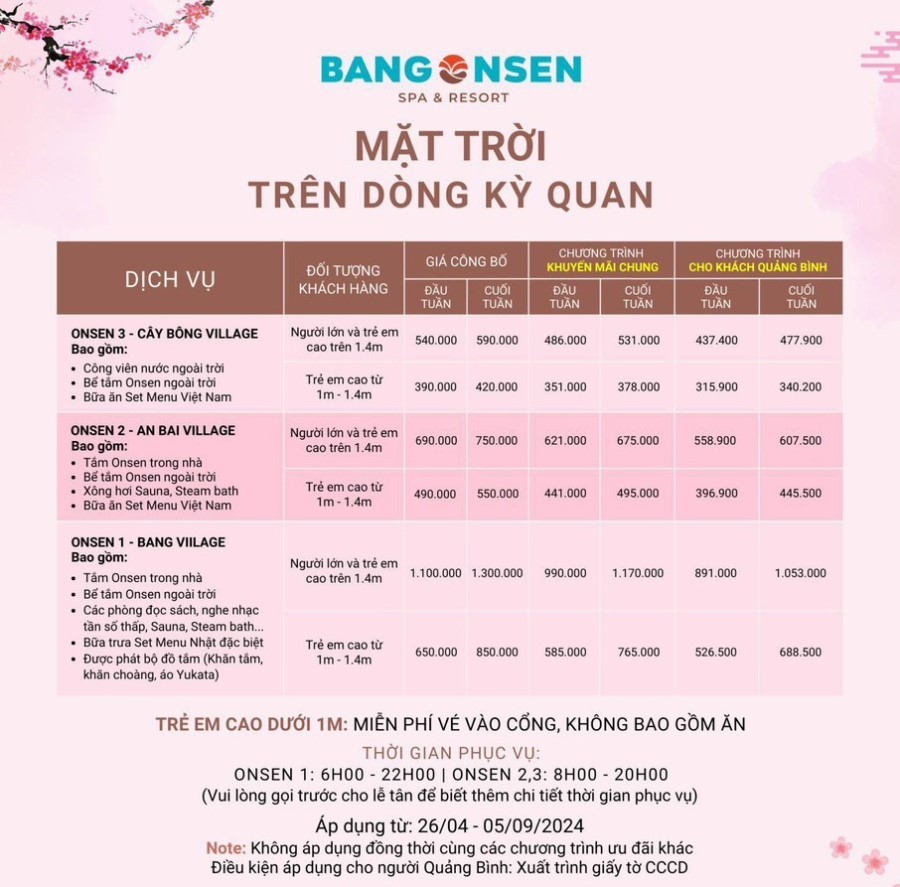 Giá vé Bang Onsen từ tháng 4 đến tháng 9